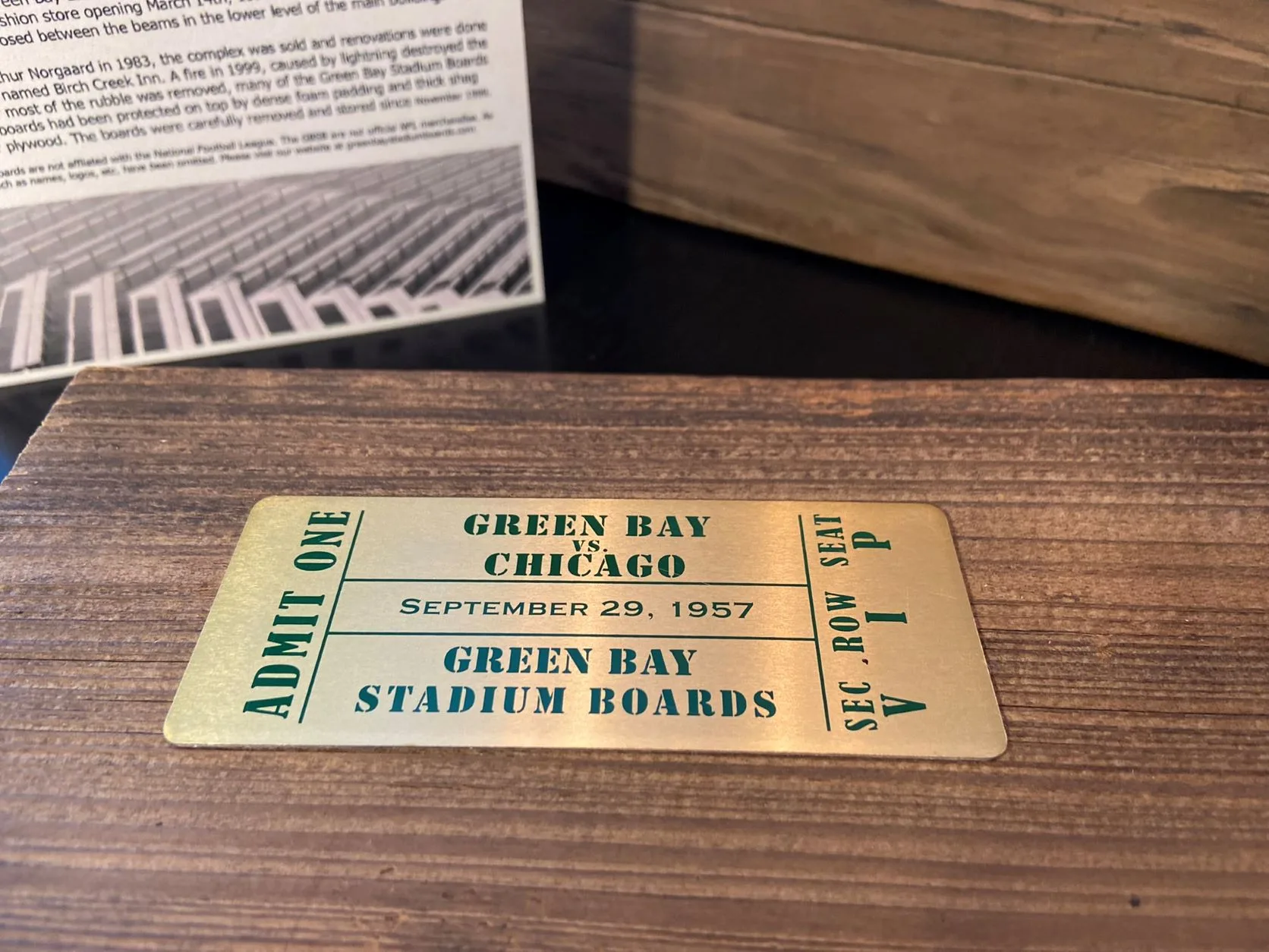 Green Bay Stadium 5" Board with No Number & Golden Ticket Plaque - Image 2